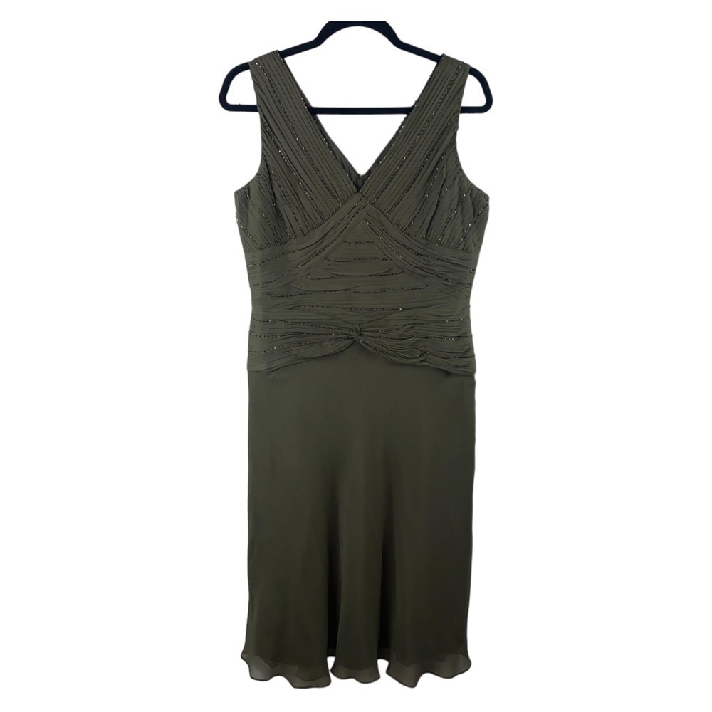 Vintage Talbots Olive Green 100% Silk Beaded Ruched Bodice and Waist Dress Sz‎ 8